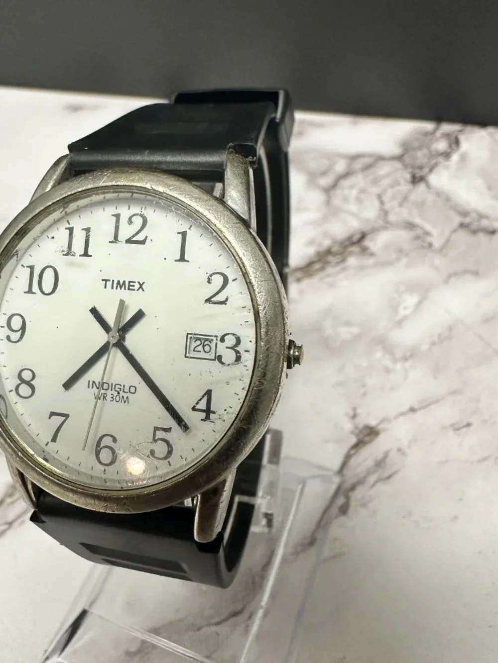 Timex Easy Reader Watch Men Silver Tone MISSING CROWN TOP Working 9.5